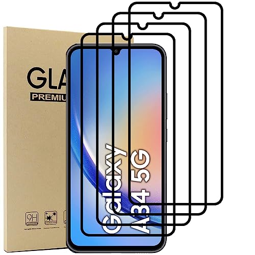 Alenbowen Screen Protector for Samsung Galaxy A34 5G,Glas Displayfolie, 9H Härte, Anti-Kratzer, Anti-Öl, Anti-Bläschen, vollständige Abdeckung des schwarzen Randes,2.5D Runde Kante [4 Stück] von Alenbowen