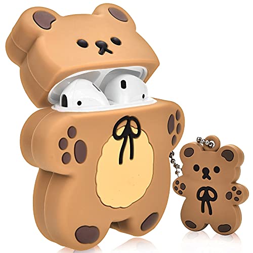 Niedliche AirPods-Hüllen mit Bären-Schlüsselanhänger, Cartoon-Keksbär-Design, vollständige Schutzhülle, Silikon, kompatibel mit AirPod 2 & 1 Hülle für Kinder und Damen (hellbraun) von Aleviker