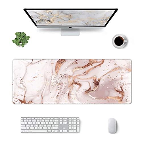 Gaming Mousepad Groß mit genähten Kanten, XXL XL Mousepad Rutschfeste Unterseite, Lange Schreibtischunterlage für Gamer, Büro & Zuhause, 80 x 30 cm, Rosegold Marmor von Algranben