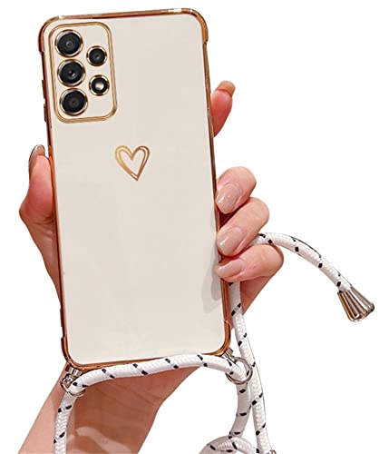 Alihtte Handykette für Samsung Galaxy A23 5G Hülle Herz Love Design Galvanik Silikon mit Band Seil Necklace Schutzhülle mit Kordel Umhängen Tasche Bumper Schutzhülle Case für Galaxy A23 5G weiß von Alihtte