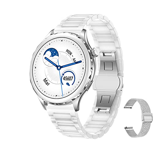 Aliwisdom Smartwatch für Damen, 1,32 Zoll HD Rund Bluetooth Anruf Smart Watch Wasserdicht Fitness Tracker Keramikband Weiß für iOS Android Mit Bluetooth telefonieren & Whatsapp Funktion (Silber) von Aliwisdom