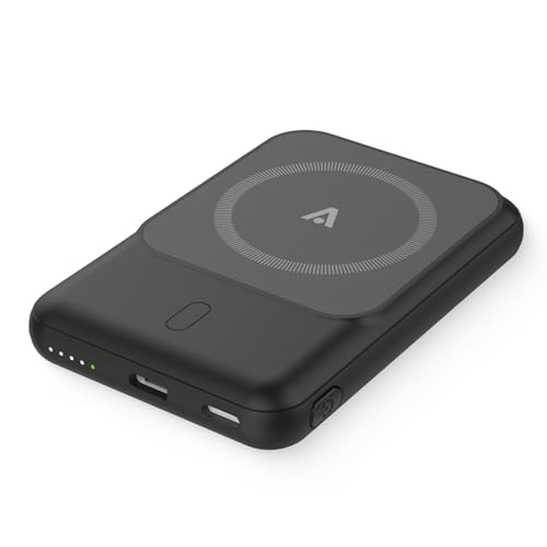 alkaya. Slim Powerbank 5.000 mAh: Induktives Laden, 2 Ports (USB-C und Lightning), kompatibel mit MagSafe (Schwarz) von Alkaya