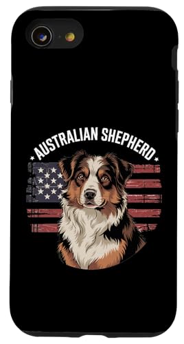 Australischer Schäferhund mit amerikanischer Flagge im Used-Look Hülle für iPhone SE (2020) / 7 / 8 von All Dog Breeds
