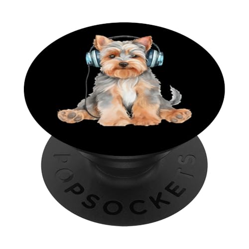 Yorkshire Terrier mit Kopfhörern PopSockets Klebender PopGrip Yorkshire Terrier mit Kopfhörern PopSockets Klebender PopGrip von All Dog Breeds