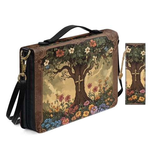 Bibelhülle aus PU-Leder für Damen, Anbetung, Kirchentasche mit Lesezeichen, Blumenmuster, Heiliger Baum, Kreuz, Bibelhüllen mit Schultergurt, Buchhülle, Braun von Allcute