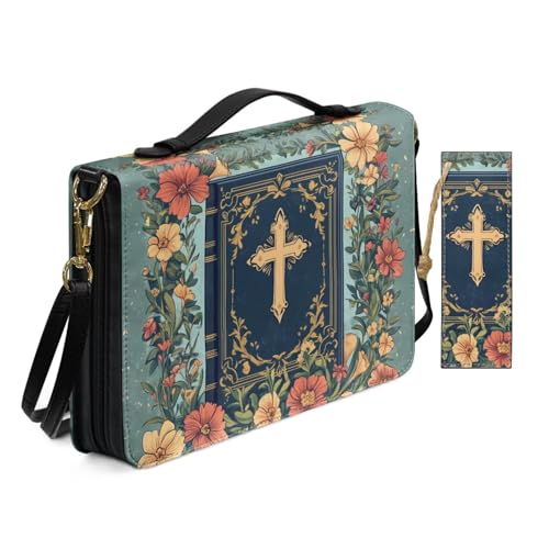 Bibelhülle aus PU-Leder für Damen, Anbetung, Kirchentasche mit Lesezeichen, Blumenmuster, goldenes Kreuz, Bibelhüllen mit Schultergurt, Buchhülle, Grün von Allcute