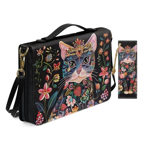 Bibelhülle aus PU-Leder für Damen, Anbetung, Kirchentasche mit Lesezeichen, skurriles Blumenmuster, Katze, Bibelhüllen mit Schultergurt, Buchhülle, Schwarz von Allcute