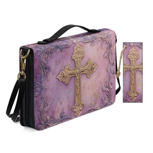 Bibelhülle aus PU-Leder für Damen, Anbetung, Kirchentasche mit Lesezeichen, wunderschöner goldener Kreuzdruck, Bibelhüllen mit Schultergurt, Buchhülle, Rosa von Allcute