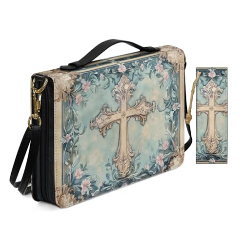 Bibelhülle aus PU-Leder für Damen, Kirchentasche mit Lesezeichen, Retro-Stil, Kreuz-Bibelhüllen mit Schultergurt, Blau von Allcute