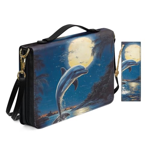 PU Leder Bibelhülle für Frauen Damen Anbetung Kirche Tasche mit Lesezeichen Ästhetische Mondschein Ozean Delfin Bibelhüllen mit Schultergurt Buchhülle Blau von Allcute