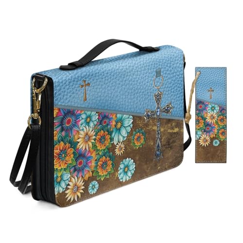 PU Leder Bibelhülle für Frauen Damen Anbetung Kirche Tasche mit Lesezeichen Blühende Blumen Kreuz Bibelhüllen mit Schultergurt Buchhülle Braun von Allcute