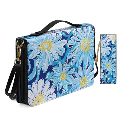PU Leder Bibelhülle für Frauen Damen Anbetung Kirche Tasche mit Lesezeichen Boho Gänseblümchen Bibelhüllen mit Schultergurt Buchhülle Blau von Allcute