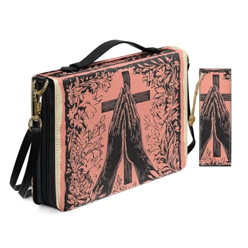 PU Leder Bibelhülle für Frauen Damen Anbetung Kirche Tasche mit Lesezeichen Graviertes Muster Kreuz Betende Hände Bibelhüllen mit Schultergurt Buchhülle Rosa von Allcute