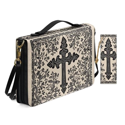 PU Leder Bibelhülle für Frauen Damen Anbetung Kirche Tasche mit Lesezeichen Graviertes Muster Vintage Kreuz Bibelhüllen mit Schultergurt Buchhülle Beige von Allcute