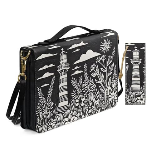 PU Leder Bibelhülle für Frauen Damen Anbetung Kirche Tasche mit Lesezeichen Gravur Kunst Blumen Leuchtturm Bibelhüllen mit Schultergurt Buchhülle Schwarz von Allcute