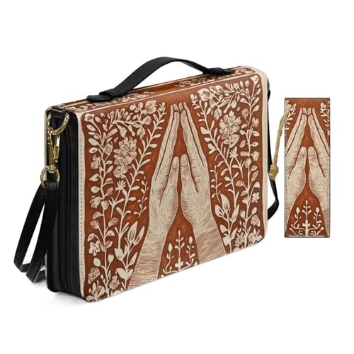 PU Leder Bibelhülle für Frauen Damen Anbetung Kirche Tasche mit Lesezeichen Holzschnitt Stil Floral Betende Hände Bibelhüllen mit Schultergurt Buchhülle Braun von Allcute