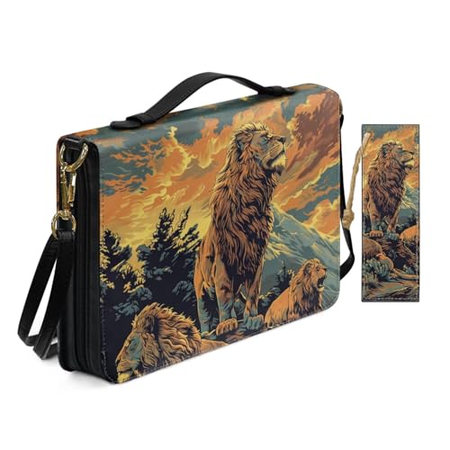 PU Leder Bibelhülle für Frauen Damen Anbetung Kirche Tasche mit Lesezeichen Illustration Kunst Löwe Bibelhüllen mit Schultergurt Buchhülle Schwarz von Allcute