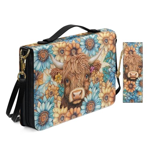 PU Leder Bibelhülle für Frauen Damen Anbetung Kirche Tasche mit Lesezeichen Nostalgisches Blumenmuster Hochlandkuh Bibelhüllen mit Schultergurt Buchhülle Blau von Allcute