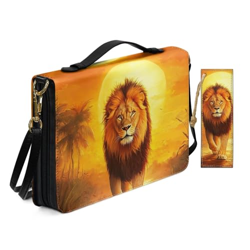 PU Leder Bibelhülle für Frauen Damen Anbetung Kirche Tasche mit Lesezeichen Ölgemälde Stil Sonnenuntergang Löwe Bibelhüllen mit Schultergurt Buchhülle Orange von Allcute