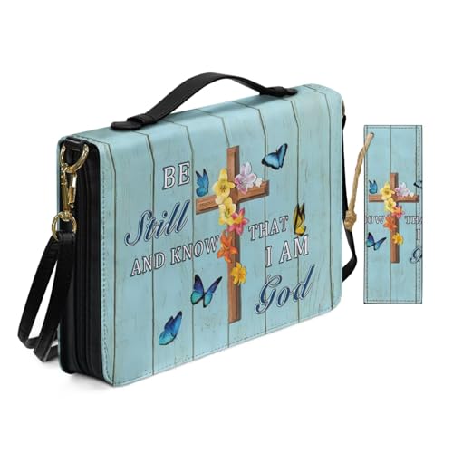 PU Leder Bibelhülle für Frauen Damen Anbetung Kirche Tasche mit Lesezeichen Religiöses Zitat Kreuzdruck Bibelhüllen mit Schultergurt Buchhülle Blau von Allcute