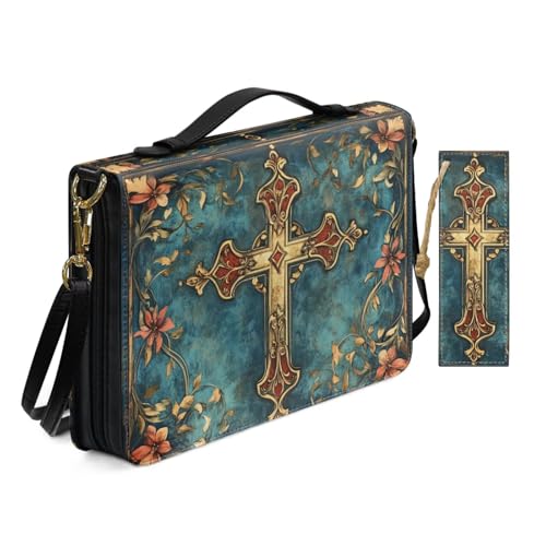 PU Leder Bibelhülle für Frauen Damen Anbetung Kirche Tasche mit Lesezeichen Retro Exquisite Kreuz Bibelhüllen mit Schultergurt Buchhülle Grün von Allcute
