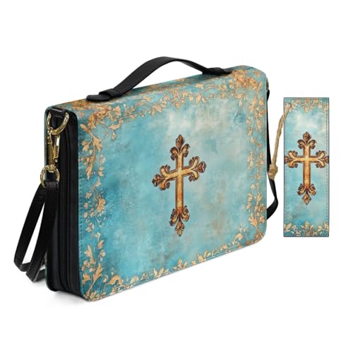PU Leder Bibelhülle für Frauen Damen Anbetung Kirche Tasche mit Lesezeichen Retro Heiliges goldenes Kreuz Druck Bibelhüllen mit Schultergurt Buchhülle Türkis von Allcute