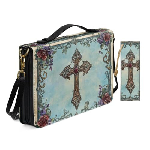 PU Leder Bibelhülle für Frauen Damen Anbetung Kirche Tasche mit Lesezeichen Vintage Gothic Rose Kreuz Bibelhüllen mit Schultergurt Buchhülle Blau von Allcute