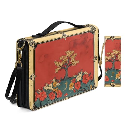 PU Leder Bibelhülle für Frauen Damen Anbetung Kirche Tasche mit Lesezeichen Vintage religiöse Illustration Baum Bibelhüllen mit Schultergurt Buchhülle Rot von Allcute