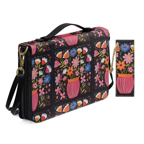 PU Leder Bibelhülle für Frauen Damen Anbetung Kirche Tasche mit Lesezeichen Volkskunst Illustration Blumen Bibelhüllen mit Schultergurt Buchhülle Schwarz von Allcute