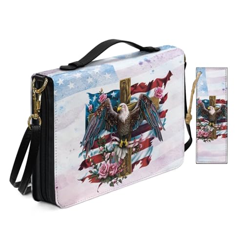 Schutzhülle aus PU-Leder für Damen, Anbetung, Kirche, Tasche mit Lesezeichen, amerikanische Flagge, Kreuz, Weißkopfseeadler, Bibelhüllen mit Schultergurt, Buchhülle, Rot von Allcute