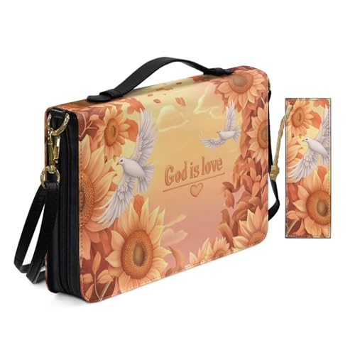 Schutzhülle aus PU-Leder für Damen, Anbetung, Kirchentasche, mit Lesezeichen, Sonnenblume, Taube, Gott ist Liebe, bedruckt, Bibelhüllen mit Schultergurt, Buchhülle, Orange von Allcute