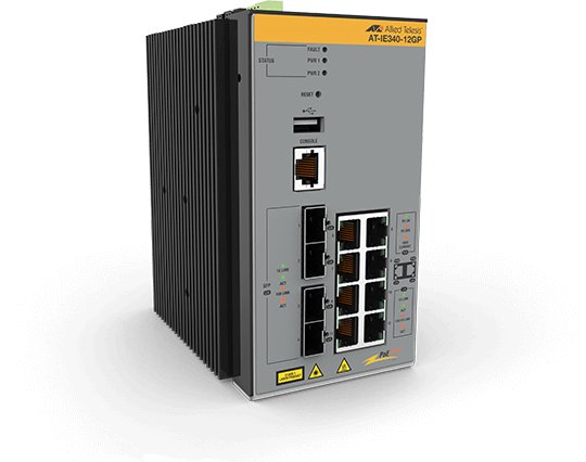 Allied Telesis AT IE340-12GP - Switch - L3 - managed - 8 x 10/100/1000 (PoE+) + 4 x 1000Base-X SFP - an DIN-Schiene montierbar, wandmontierbar - PoE+ (240 W) - DC-Stomversorgung von Allied Telesis
