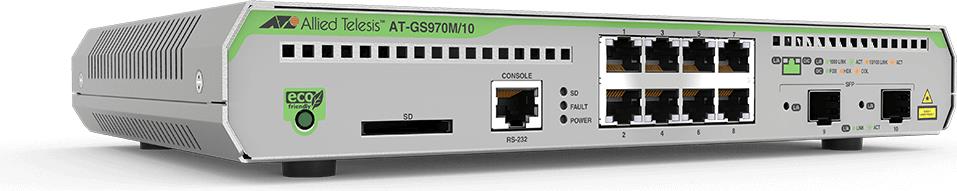 Allied Telesis CentreCOM AT-GS970M/10PS - Switch - L3 - verwaltet - 8 x 10/100/1000 (PoE+) + 2 x SFP (mini-GBIC) (Uplink) - Desktop - PoE+ (124 W) (AT-GS970M/10PS-50) von Allied Telesis