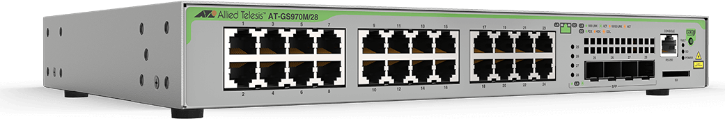 Allied Telesis CentreCOM AT-GS970M/28PS - Switch - L3 - verwaltet - 24 x 10/100/1000 (PoE+) + 4 x SFP (mini-GBIC) (Uplink) - Desktop - PoE+ (AT-GS970M/28PS-50) von Allied Telesis