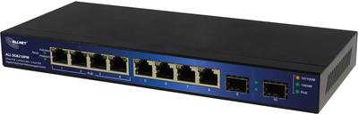 ALLNET ALL-SG8210PM. Switch-Typ: gemanaged, Switch-Ebene: L2+. Basic Switching RJ-45 Ethernet Ports-Typ: Gigabit Ethernet (10/100/1000), Anzahl der basisschaltenden RJ-45 Ethernet Ports: 8, Anzahl an installierten SFP Modulen: 2. MAC-Adressentabelle: 4096 Eintragungen, Routing-/Switching-Kapazität: 16 Gbit/s. Netzstandard: IEEE 802.3,IEEE 802.3ab,IEEE 802.3u,IEEE 802.3x,IEEE 802.3z. Energie Über Ethernet (PoE) Unterstützung. Wandmontage (ALL-SG8210PM) von Allnet
