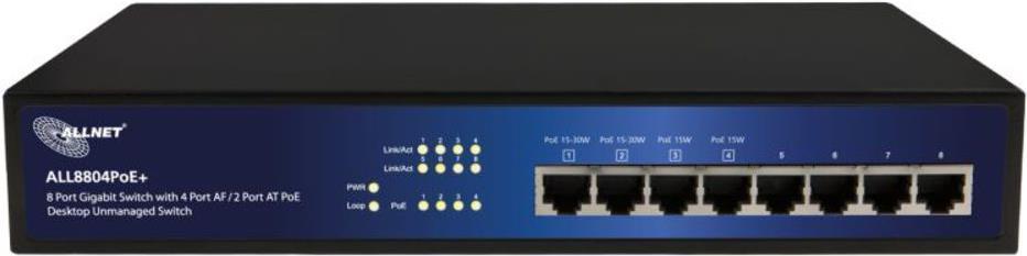 ALLNET ALL8804POE+ - IEEE 802.1p - IEEE 802.3 - IEEE 802.3af - IEEE 802.3at - IEEE 802.3u - IEEE 802.3x - L2 - Gigabit Ethernet (10/100/1000) - Schwarz - Blau - 50/60 Hz - RJ-45 (ALL8804PoE+) von Allnet
