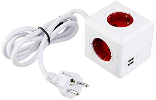 allocacoc PowerCube DuoUSB Extended Rot EU, 4 fach Steckdosenverteiler mit 2,1 A USB Ladestrom, Weiß Rot von Allocacoc