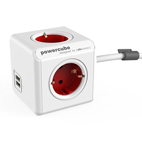 allocacoc PowerCube DuoUSB Extended Rot EU, 4 fach Steckdosenverteiler mit 2,1 A USB Ladestrom, Weiß Rot von Allocacoc