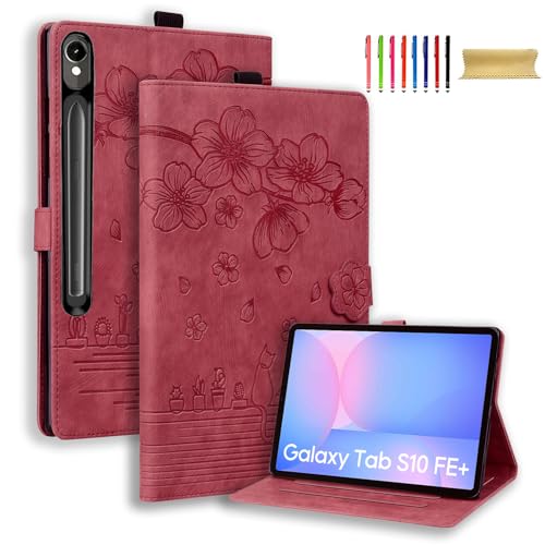 Hülle für Samsung Galaxy Tab S10 FE Plus 13.1 Zoll 2025 SM-X620 X626B, Premium PU Leder mit Blütenmuster Flip Cover mit stoßfestem TPU Multi-Winkel Ständer & Kartenhalter Tablet Hülle, Weinrot Hülle für Samsung Galaxy Tab S10 FE Plus 13.1 Zoll 2025 SM-X620 X626B, Premium PU Leder mit Blütenmuster Flip Cover mit stoßfestem TPU Multi-Winkel Ständer & Kartenhalter Tablet Hülle, Weinrot von Allytechgroup