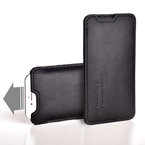 Almwild® Hülle, Tasche passend für Apple iPhone 13 Mini / 12 Mini mit Apple Leder Case/Silikon Case - Nutzung. Aus echtem Rindsleder. In Schwarz. Modell Sattlerschorsch von Almwild