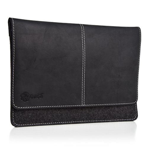 Almwild Apple iPad 11, iPad 10.5, iPad 10.2, iPad 9.7 Zoll Hülle, Tasche. Echtes Rinds- Leder & 100% Woll- Filz. Case in Schiefer- Grau mit magnetischer Umschlagklappe aus Echt- Leder Schwarz von Almwild