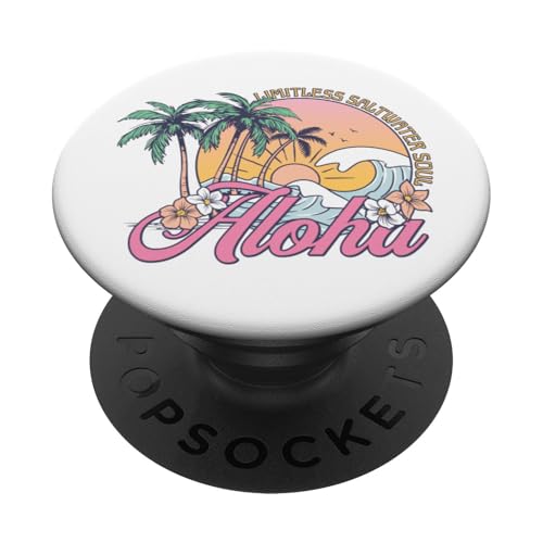 Retro Aloha Sonnenuntergang Palmen Tropische Blumen Surfen Wellen PopSockets Klebender PopGrip von Aloha Hawaii Hawaiian Island Vacation Beach Lover