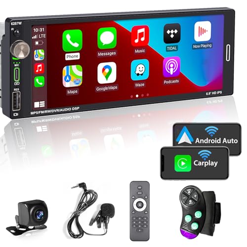 Alondy Autoradio 1Din mit 6.9 Zoll Bildschirm, Kompatibel mit Apple CarPlay Wireless/Android Auto Bluetooth Typ-C USB 2,1A Schnellladung Rückfahrkamera AM/FM/RDS Radio von Alondy