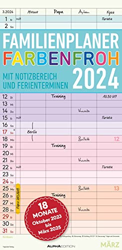 Familienplaner Farbenfroh mit 4 Spalten für 18 Monate 2024 - Familien-Timer 22x45 cm - Offset-Papier - mit Ferienterminen - Wand-Planer - Alpha Edition von Alpha Edition