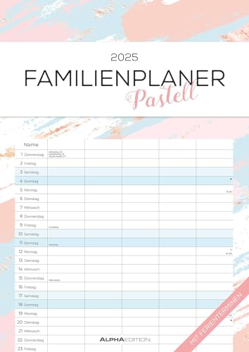 Familienplaner Pastell 2025 - Familienkalender A3 (29,7x42 cm) - mit 5 Spalten, Ferienterminen (DE/AT/CH) und viel Platz für Notizen - Wandkalender von Alpha Edition