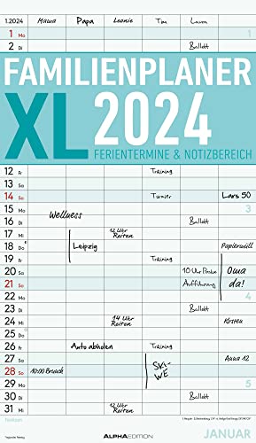 Familienplaner XL 2024 mit 6 Spalten - Familien-Timer 26x45 cm - Offset-Papier - mit Ferienterminen - Wand-Planer - Familienkalender - Alpha Edition von Alpha Edition