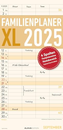 Familienplaner XL 2025 mit 4 Spalten - Familien-Timer 22x45 cm - Offset-Papier - mit Ferienterminen - Wand-Planer - Familienkalender - Alpha Edition von Alpha Edition