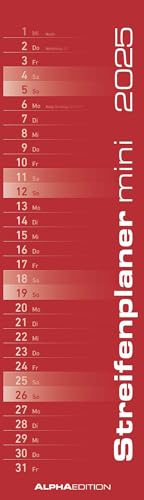 Streifenplaner Mini Rot 2025 - Streifen-Kalender 9,5x33 cm - Küchenkalender - Wandplaner - Alpha Edition von Alpha Edition