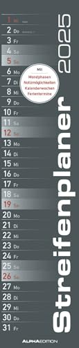 Streifenplaner SCHWARZ 2025 - Streifenkalender - Wandplaner - Küchen-Kalender - 11,3x49,5: Notizkalender mit Tagesreiter teNeues von Alpha Edition