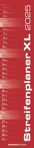 Streifenplaner XL ROT 2025 - Streifenkalender 15x64 cm - Wandplaner - Küchenkalender - schmales Design - eine Spalte - Langplaner von Alpha Edition